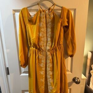 Chic Mustard Long Sleeve Dress with Floral Embroidery